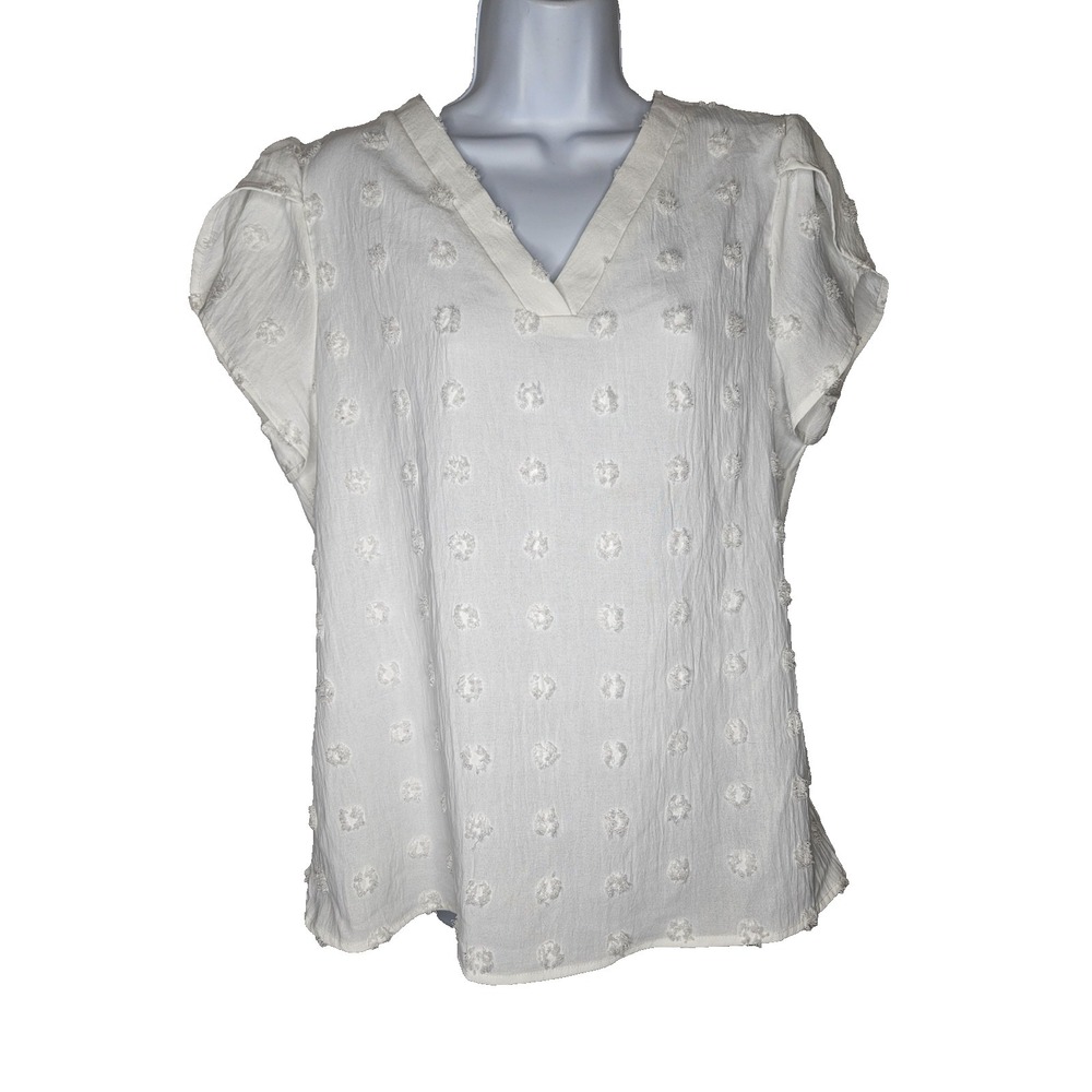 White Swiss Dot Blouse L‎ V Neck Puff Sleeve Textured Boho Top Cottagecore